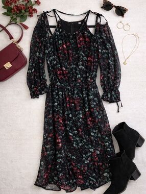 1. State Black Floral Cold-Shoulder Midi Poly Scarfy LINED. NWOT SMALL
